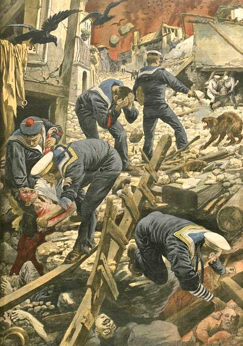 Catastrophe de Sicile et de Calabre le 28 décembre 1908. Les marins des escadres de la Méditerranée recherchant les victimes parmi les ruines de Messine.