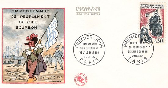 Émission en 1965 d'un timbre célébrant le tricentenaire du peuplement de l'île Bourbon (1665) par vingt ouvriers français envoyés par la Compagnie des Indes Orientales