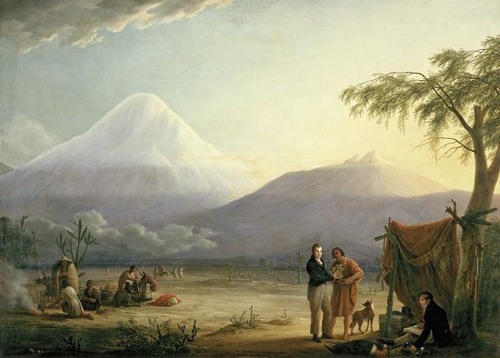 Alexandre de Humboldt et Aimé Bonpland dans la vallée de Tapia, au pied du volcan Chimborazo (Équateur). Peinture de Friedrich Georg Weitsch (1810)