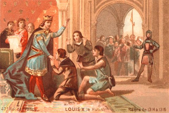 Louis X le Hutin (frère aîné de Philippe V) affranchissant les serfs en 1314. Lithographie extraite d'une série sur les rois de France de 1890