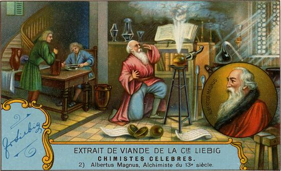 Chromolithograhie publicitaire représentant Albert le Grand en alchimiste (1903)