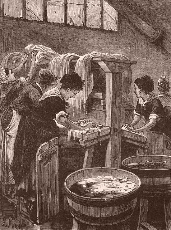 L'atelier de savonnage dans un lavoir public, à Paris. Gravure extraite des Merveilles de l'industrie ou Description des principales industries modernes par Louis Figuier (Tome 3, paru en 1875)