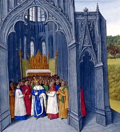 Clovis II affranchissant l'abbaye de Saint-Denis. Illustration extraite des Grandes chroniques de France (XVe siècle)