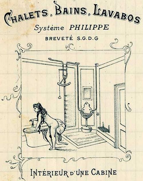 Intérieur d'une cabine de bain public d'après une lettre à en-tête de la Société anonyme des bains et lavoirs économiques d'Angers (1903)