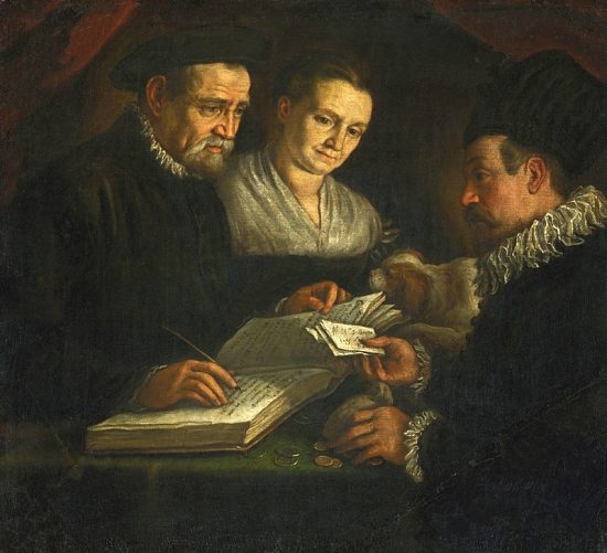 Le changeur Orazio Lago, sa femme et un client. Peinture de Leandro Bassano (vers 1590)