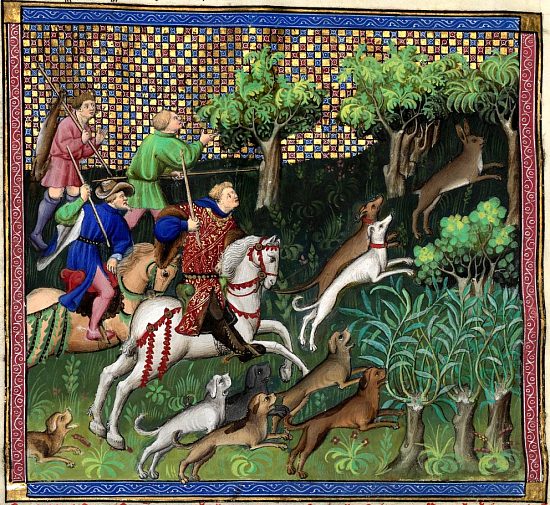 Ci après devise comment le bon veneur doit chasser et prendre le lièvre à force. Enluminure extraite du Livre de chasse composé entre 1387 et 1389 par Gaston Fébus