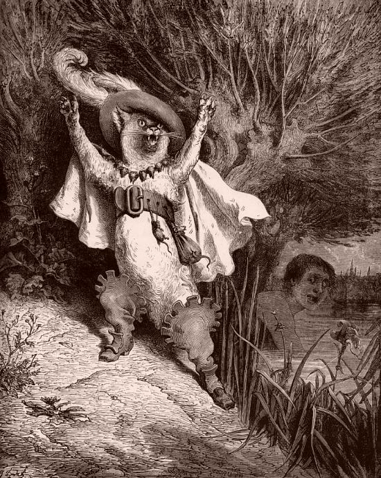Le Chat botté, par Gustave Doré : Au secours ! Au secours ! Voilà M. le marquis de Carabas qui se noie ! Illustration extraite des Contes de Perrault
