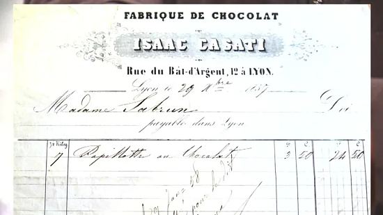 Une facture de la Maison Casati, chocolatier à Lyon, émise en 1857 et attestant de la naissance de la papillote