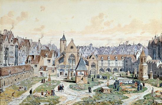Vue du cimetière des Innocents à Paris en 1550. Aquarelle de Théodore Joseph Hubert Hoffbauer (1839-1922)