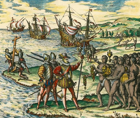 Première arrivée de Christophe Colomb en Amérique (Guanahani), 12 octobre 1492. Gravure de Theodor de Bry d'après l'œuvre de Stradanus, publiée dans America pars quarta (Tome 4) paru en 1594