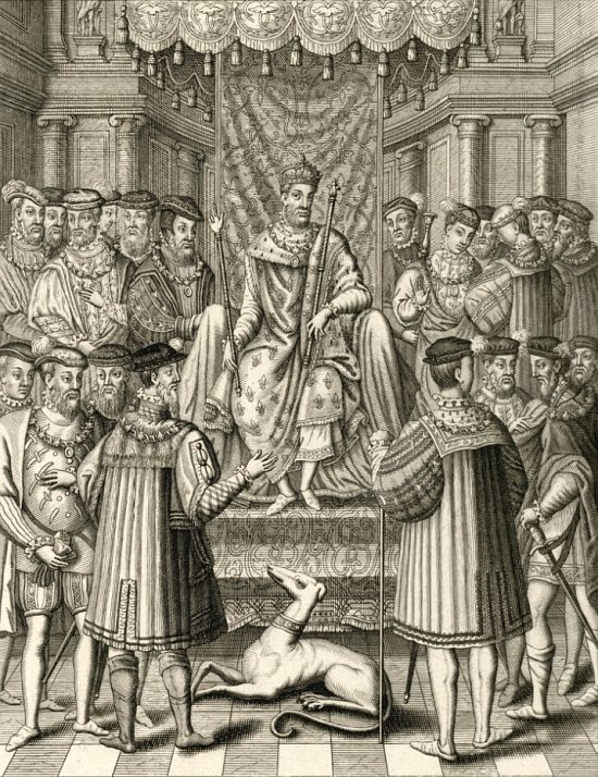 La cour du roi François Ier vers 1540. Gravure extraite de Les monuments de la monarchie française, qui comprennent l'histoire de France avec les figures de chaque règne que l'injure des temps a épargnées (Tome 4), par Bernard de Montfaucon (1732)