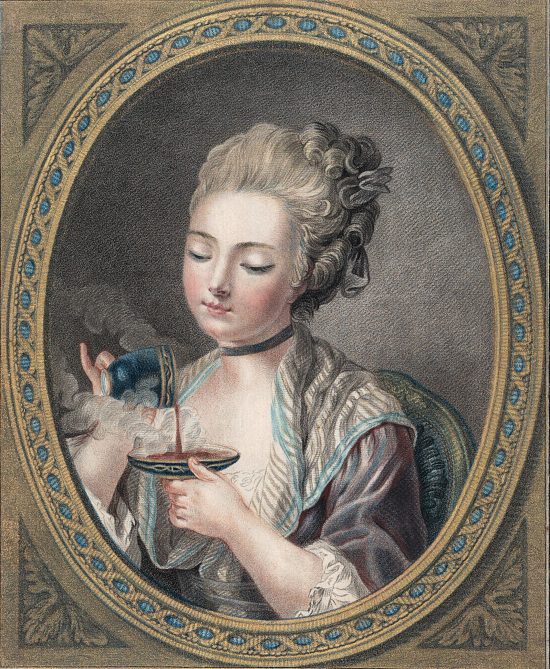 Dame prenant un café. Manière de pastel de Louis-Marin Bonnet (1774)