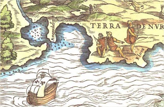 La Nouvelle France. Détail de la carte de Giacomo Gastaldi datant de 1556, établie sur les découvertes de Verrazano (1524) et de Cartier (1535-1536)