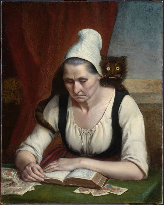 Devineresse étudiant un livre de nécromancie. Peinture de Clémentine Dondey (1847)