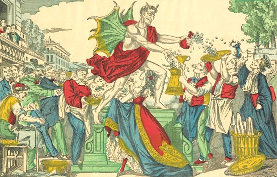 Le grand diable d'argent, patron de la Finance. Dessin de Jules Pacher pour la Fabrique de Pellerin, imprimeur-librairie à Épinal (1875)