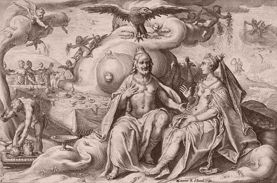 La dispute entre Jupiter et Junon. Gravure de Hendrick Goltzius réalisée en 1590