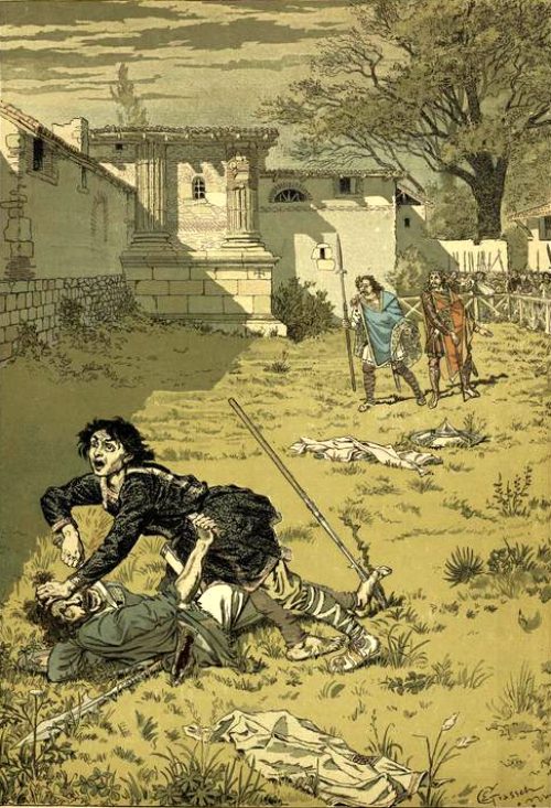 Un duel judiciaire au VIe siècle. D'après un dessin d'Eugène Grasset (1841-1917) paru dans le n°31 de Paris Illustré (1885)