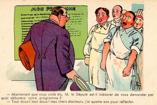 Promesses électorales. Carte humoristique publiée vers 1920-1930