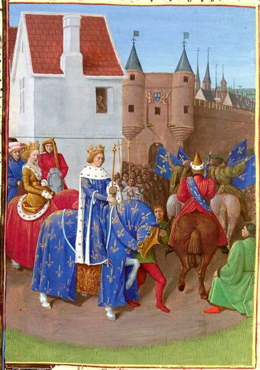 Entrée de Jean II le Bon à Paris avec son épouse Jeanne d'Auvergne le 17 octobre 1350. Enluminure de Jean Fouquet extraite des Grandes Chroniques de France (manuscrit français n°6465 de la BnF)
