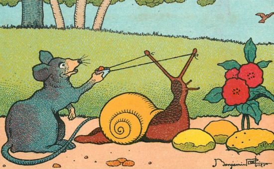 Le rat et l'escargot : le lance-pierre. Illustration de Benjamin Rabier