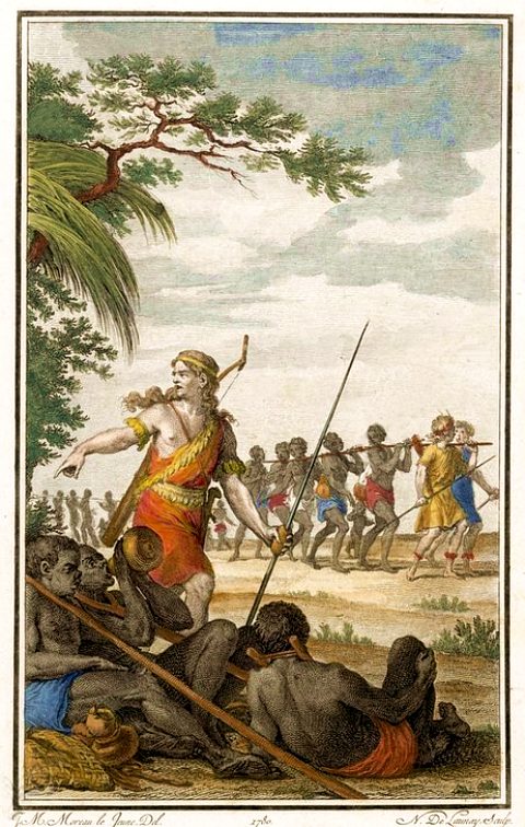 Esclaves conduits par des Marchands. Gravure (colorisée ultérieurement) de Nicolas de Launay réalisée d'après celle de 1780 de Jean-Michel Moreau dit Moreau le Jeune