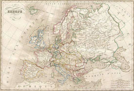 Carte de l'Europe extraite de l'Atlas complet du Précis de la Géographie Universelle de Malte-Brun par Jean Jacques Nicolas Huot, édition de 1837