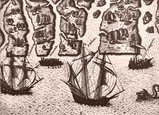 Navires de la flotte de Jean Ribault, au XVIe siècle. Illustration de Jacques le Moyne de Morgues (1533-1588)