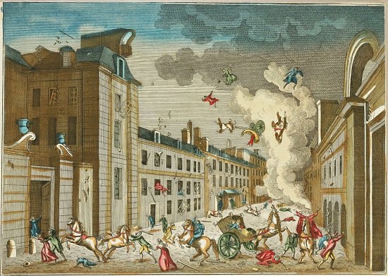 Vue de l'explosion de la machine infernale rue Saint-Nicaise à Paris. Aquarelle de 1805