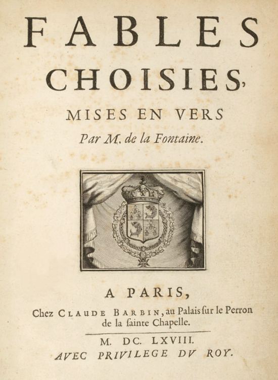 Fables choisies, mises en vers par M. de La Fontaine, édition de 1668. Page de titre décorée des armoiries du Dauphin