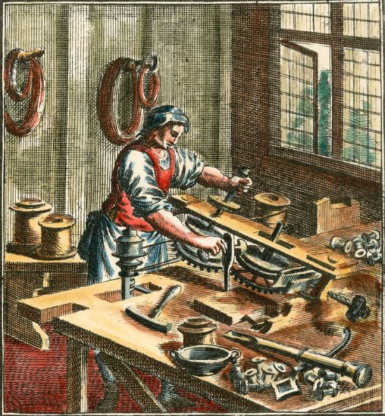 Gravure allemande (colorisée) de 1698 représentant un artisan mécanicien au travail, par Christoph Weigel (1654–1725)