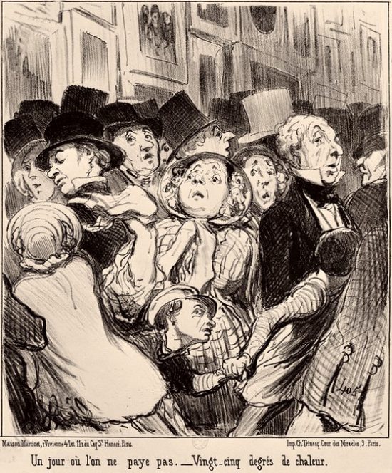 Le public du Salon. Un jour où l'on ne paye pas. Vingt-cinq degrés de chaleur. Dessin satirique d'Honoré Daumier paru dans Le Charivari du 17 mai 1852