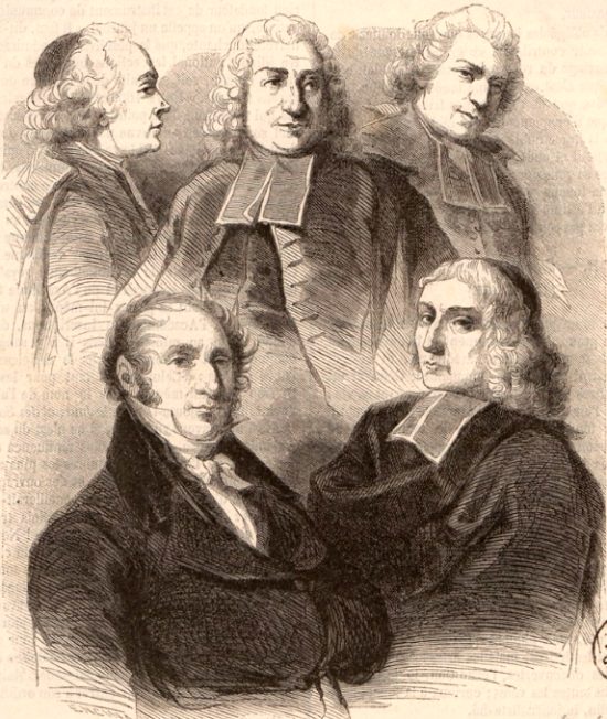 Portraits d'académiciens. De gauche à droite, et de haut en bas : Jean Gallois, Edme Mongin, Amable de Bourzeis, François Roger et Jean-Ignace de La Ville. Gravure parue dans le Musée des familles (1855)