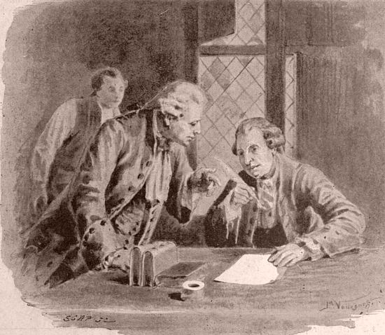 Le procureur-syndic Gérard dresse la liste des suspects suggérée par le comte d'Auvrigny. Gravure de Vauzanges extraite du Monde illustré paru en 1900