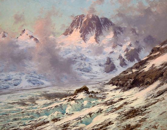 Les Bans et le glacier de la Pilatte à l'aurore. Peinture de Charles Bertier (1860-1924)