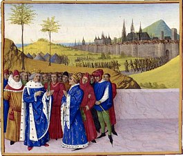 Entretien entre saint Gontran et Childebert II. Devant les dignitaires de sa cour, Gontran, sans héritier, s'adresse à son neveu Childebert qu'il vient de nommer son successeur.