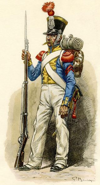 Grenadier du régiment de Hohenlohe en 1822. Lithographie extraite du Livre d'or de la Légion étrangère. Centenaire de la Légion étrangère 1831-1931, paru en 1931