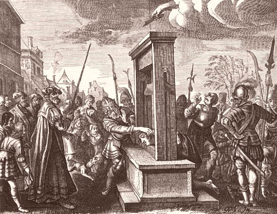 La guillotine en Hollande au XVIe siècle. Gravure extraite de Alle de Wercken so ouden als nieuwe, par Jacobus Cats (1655)