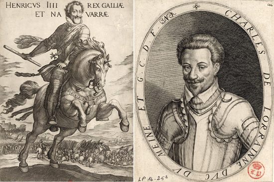 À gauche : Portrait équestre d'Henri IV devant une scène de bataille. À droite : Charles de Lorraine, duc de Mayenne. Gravures extraites des albums du roi Louis-Philippe constitués dans la première moitié du XIXe siècle