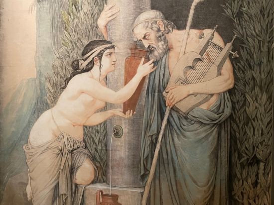 Détail du carton de tarsia Homère à la fontaine Hippocrène