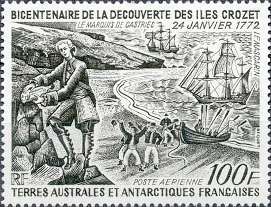 Timbre commémorant le bicentenaire de la découverte le 24 janvier 1772 des îles Crozet, lors de l'expédition du Mascarin et du Marquis de Castries. Dessin de Pierre Béquet (1932-2012)