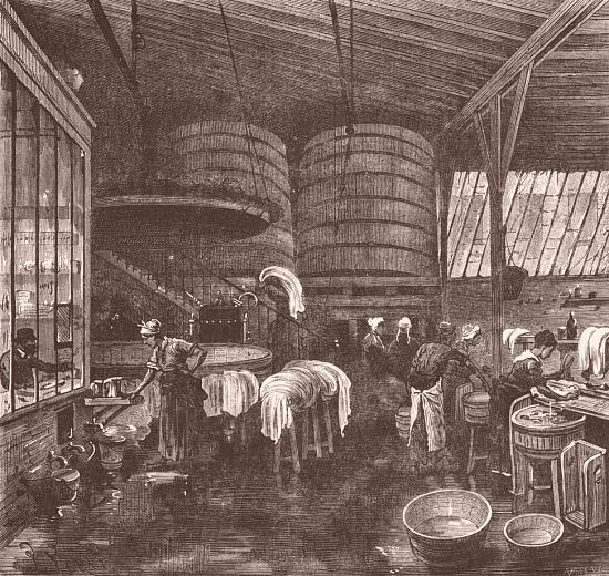 Un lavoir public, à Paris. Gravure extraite des Merveilles de l'industrie ou Description des principales industries modernes par Louis Figuier (Tome 3, paru en 1875)