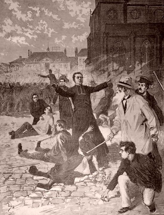 Le 1er mai 1891 à Fourmies. L'abbé Margerin, entouré de ses deux vicaires, arrête le feu. Gravure de M. de Parys. Gravure illustrant la couverture du Soleil du Dimanche du 17 mai 1891