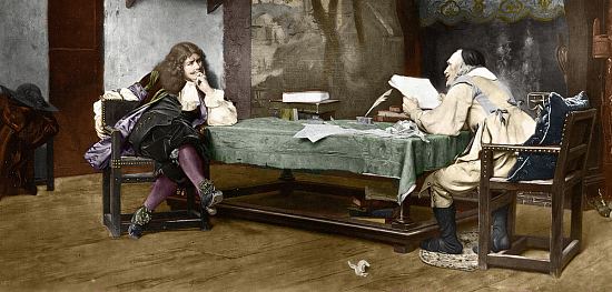 Une collaboration. Lithographie représentant Jean-Baptiste Poquelin dit Molière (à gauche) et Pierre Corneille (à droite), d'après une œuvre du peintre français Jean-Léon Gérôme (1824-1904) datée de 1863