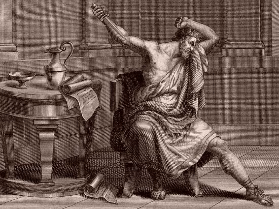 Pilate se donnant la mort, selon une légende chrétienne. Détail d'une gravure réalisée d'après un dessin de Bartolomeo Pinelli (1810)