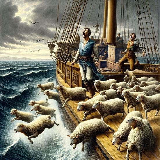 Les moutons présents sur le bateau marchand se jettent à l'eau à la suite de celui lancé par Panurge