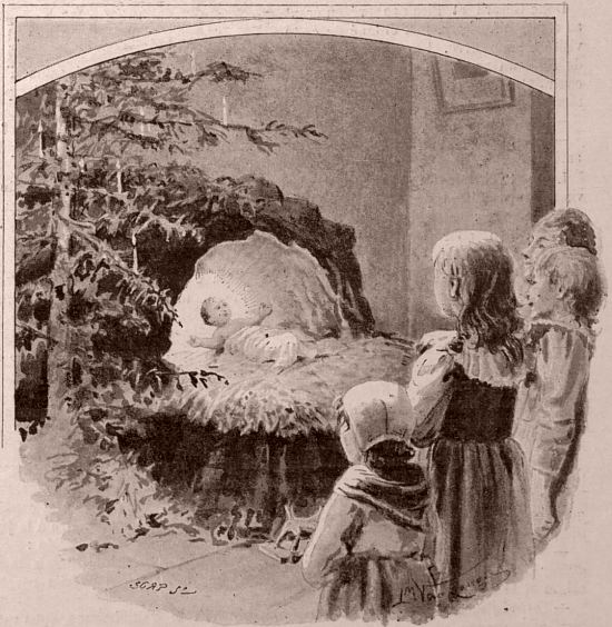 En ce Noël 1794, Gérard montre au comte les visages extasiés des enfants devant la crèche. Gravure de Vauzanges extraite du Monde illustré paru en 1900