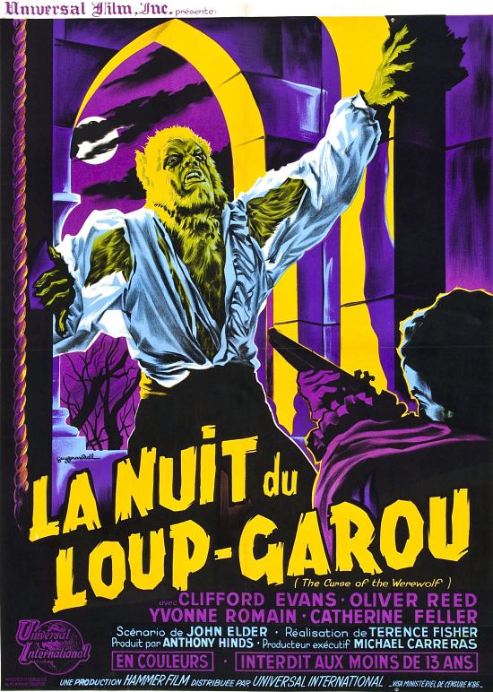 Affiche de Gérard Noël (1912-1994) du film fantastique britannique de Terence Fisher La Nuit du loup-garou (titre original : The Curse of the Werewolf) sorti en 1961 et inspiré du roman Le Loup-garou de Paris de Guy Endore (1933)