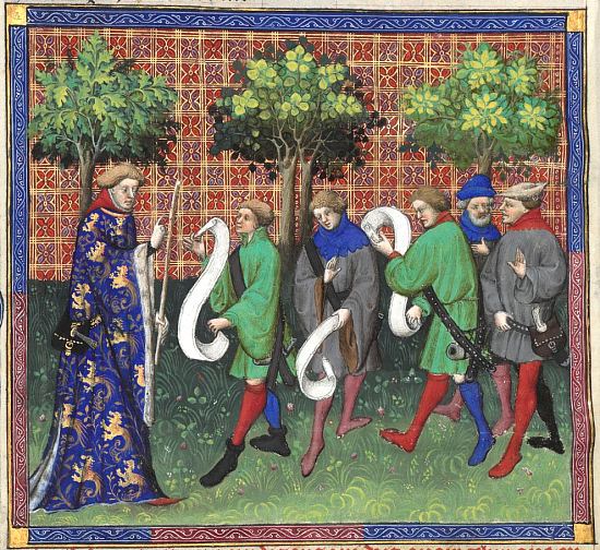 Gaston dit Phoebus enseignant aux veneurs. Enluminure extraite du Livre de la chasse de Gaston de Foix (manuscrit français n°616 de la BnF, fin du XVe siècle)