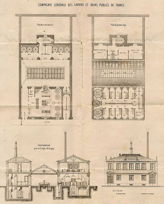 Plan modèle selon l'architecte M. Guillaume envoyé à la Ville de Saint-Étienne par la Compagnie générale des lavoirs et bains publics de France, 16 décembre 1858