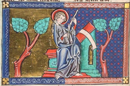 Saint Jean taillant sa plume. Enluminure extraite d'Apocalypse de saint Jean (manuscrit français n°13096 de 1313)